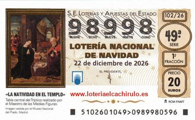 Anverso del d&eacute;cimo 98998 de la Loter&iacute;a de Navidad 2026, de Santander (Cantabria)